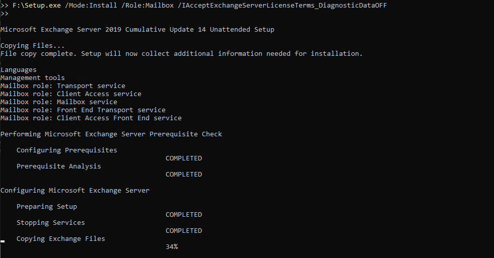Exchange Server installation progress showing file copy progress at 34 percent